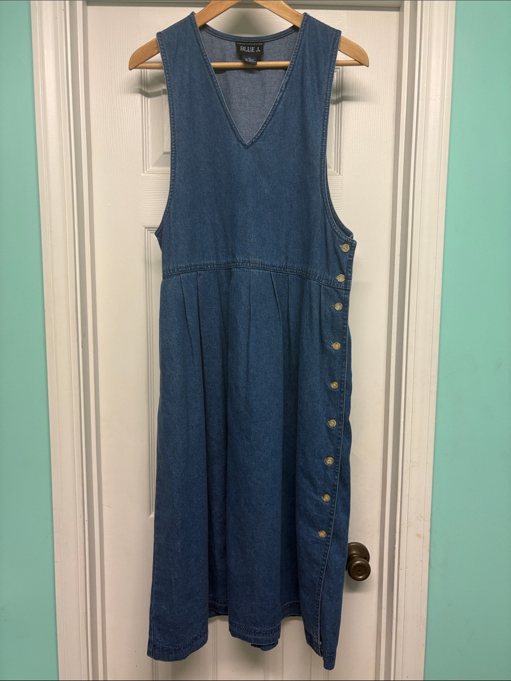 Cottagecore 100% cotton Denim Button-Side Midi Dress